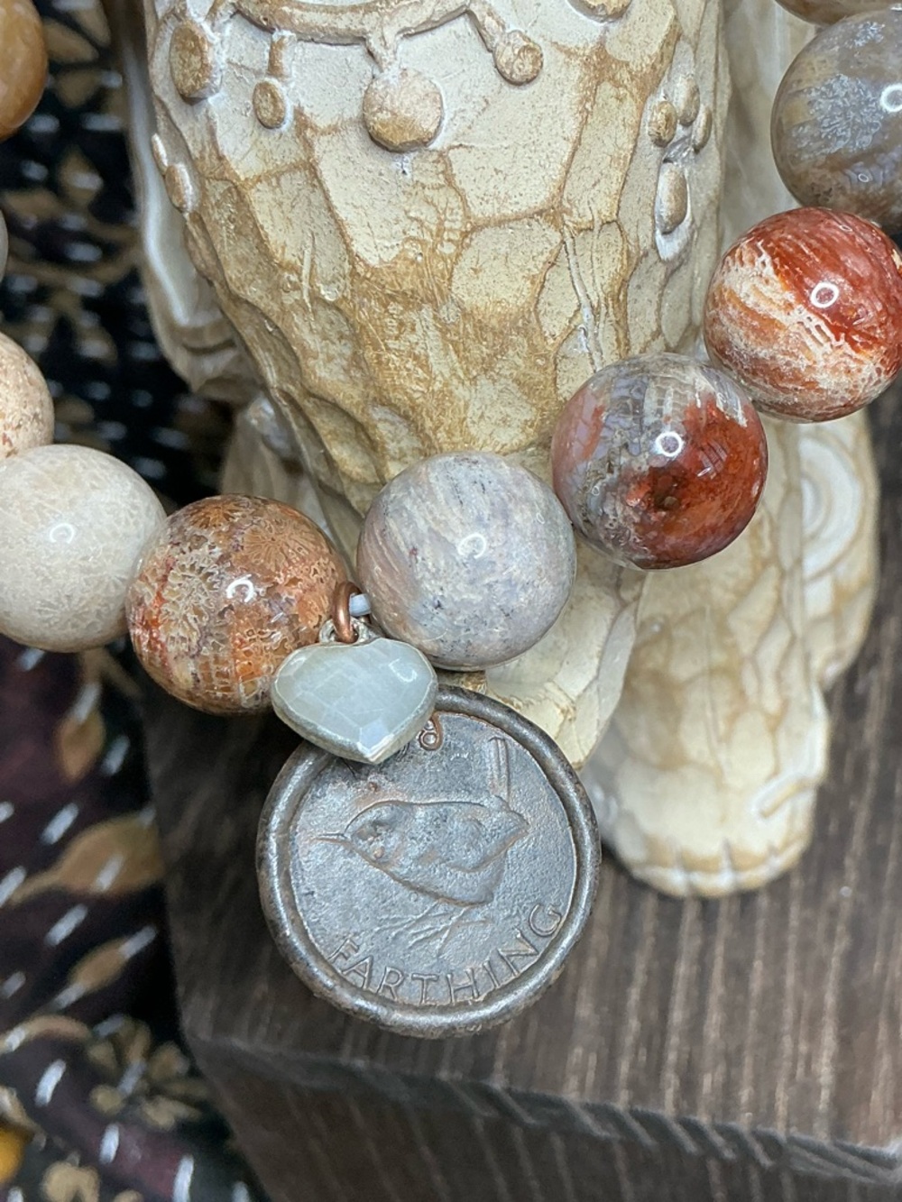 Coral Jade 13mm with Rustic Bird Coin and Moonstone Heart - Picture 4 of 4